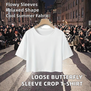 T-shirt ample unisexe à manches courtes papillon en jersey, teint uni noir et blanc, style hip-hop urbain d'été, nombril apparent - Product Image 2