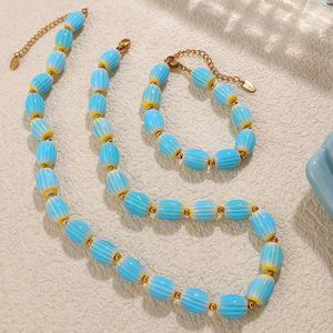 Ceramic <b>Bead</b> Necklace And Bracelet <b>Set</b> Blue Yellow Gold Plated Women's Fashion Jewelry Stainless Steel Irregular Design - Product Image 2