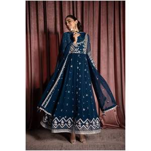 Robe Anarkali brodée bleu nuit avec dupatta – Ensemble festif 3 pièces - Product Image 1