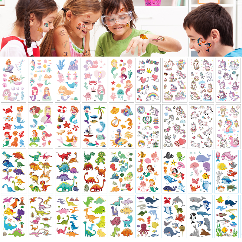 Тату-наклейка водостойкая с мультяшным рисунком, милая детская тату для лица, забавные наклейки, Русалка, динозавр, пиратский Единорог
