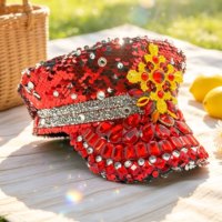 Chapeau de capitaine en peluche personnalisé rouge et or avec sequins et strass rubis, 3 MOQ, pour festival, plage, fête, unisexe, luxe, style Burning Man, vente en gros