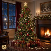 Arbre de Noël en PE pré-éclairé de 7 pieds, LED blanc chaud, silhouette dense et pleine, aiguilles réalistes, taille personnalisée, fourniture directe usine OEM
