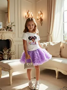 Set Pakaian Grosir untuk Balita Perempuan, Kaos Lengan Pendek Motif Kartun + Rok Tulle Berlapis Polos 2 Pcs - Product Image 6