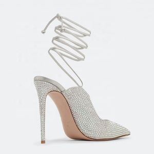 Sandalias de tacón de aguja con tiras cruzadas en el tobillo para mujer, con diamantes brillantes, para fiesta de graduación, zapatos de vestir, tacón fino, punta puntiaguda, con cordones - Product Image 4