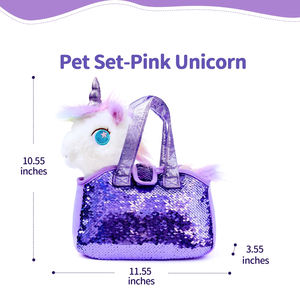 Mor <span class=keywords><strong>Unicorn</strong></span> peluş geri dönüşümlü pullu evcil hayvan taşıyıcı çanta Sparkle küçük kızlar için yumuşak doldurulmuş hayvan taşıyıcı oyuncak çanta - Product Image 3