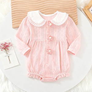 Body de Manga Larga con Botones Florales |   Mono de <span class=keywords><strong>Moda</strong></span> para Bebé Niña 2025, Suave y Cómodo, con Volantes Rosas y Cuello Peter Pan - Product Image 1