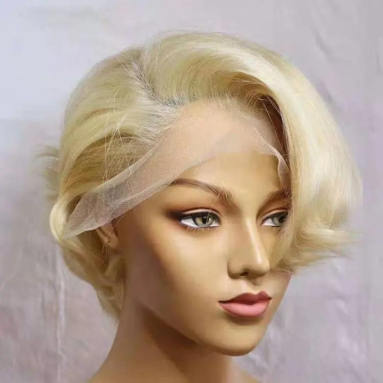 Highknight Alibaba 613 # Blonde Kleur Braziliaanse Maagd Menselijk Haar Transparant Kant Front Pixie Cut Pruiken Voor Zwarte Vrouwen