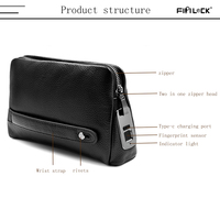 Serrure à empreintes digitales hommes petit portefeuille pochette sac à main en cuir véritable antivol sac à main avec mode USB