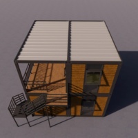 Maison préfabriquée à deux étages avec revêtement en bois grainé, bâtiment modulaire compact avec terrasse et escalier extérieur pour habitation