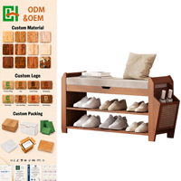 Banc à chaussures moderne rustique en bambou de 31,5 pouces à 3 niveaux avec coussin épais et paniers latéraux rabattables, capacité de 550 lb