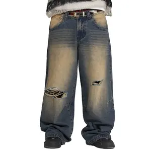 Custom Boys doble rodilla Rips no elástico Sandblast Denim Pants Mid-Rise Men Dirty Wash Vintage Jeans pantalones para hombres