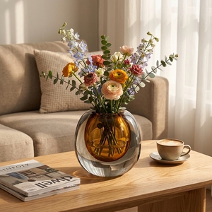 Round Glass Tabletop <b>Vase</b> Handmade Minimalist Design Amber Color Floral Display - Product Image 3