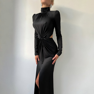 Vestido de suéter de manga larga con cuello alto, abertura y cintura plisada, ajustado, para mujer, color liso, elegante, para otoño e invierno - Product Image 2