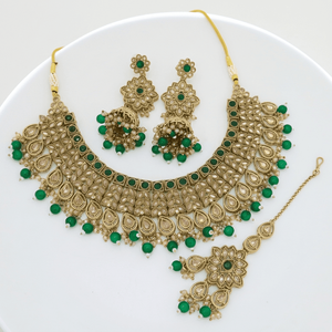 Elegant Kundan Antique Gold Plated Green Emerald <b>Rope</b> <b>Chain</b> Choker Necklace Set Matching Earrings Maang Tikka Engagement Wear - Product Image 2