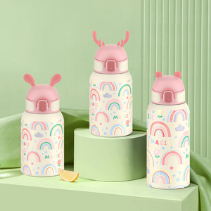 Botella de Agua Infantil de Acero Inoxidable con Aislamiento Térmico de 350 ml, Botella de Agua para Niños con Pajita, Impresión 3D - Product Image 1