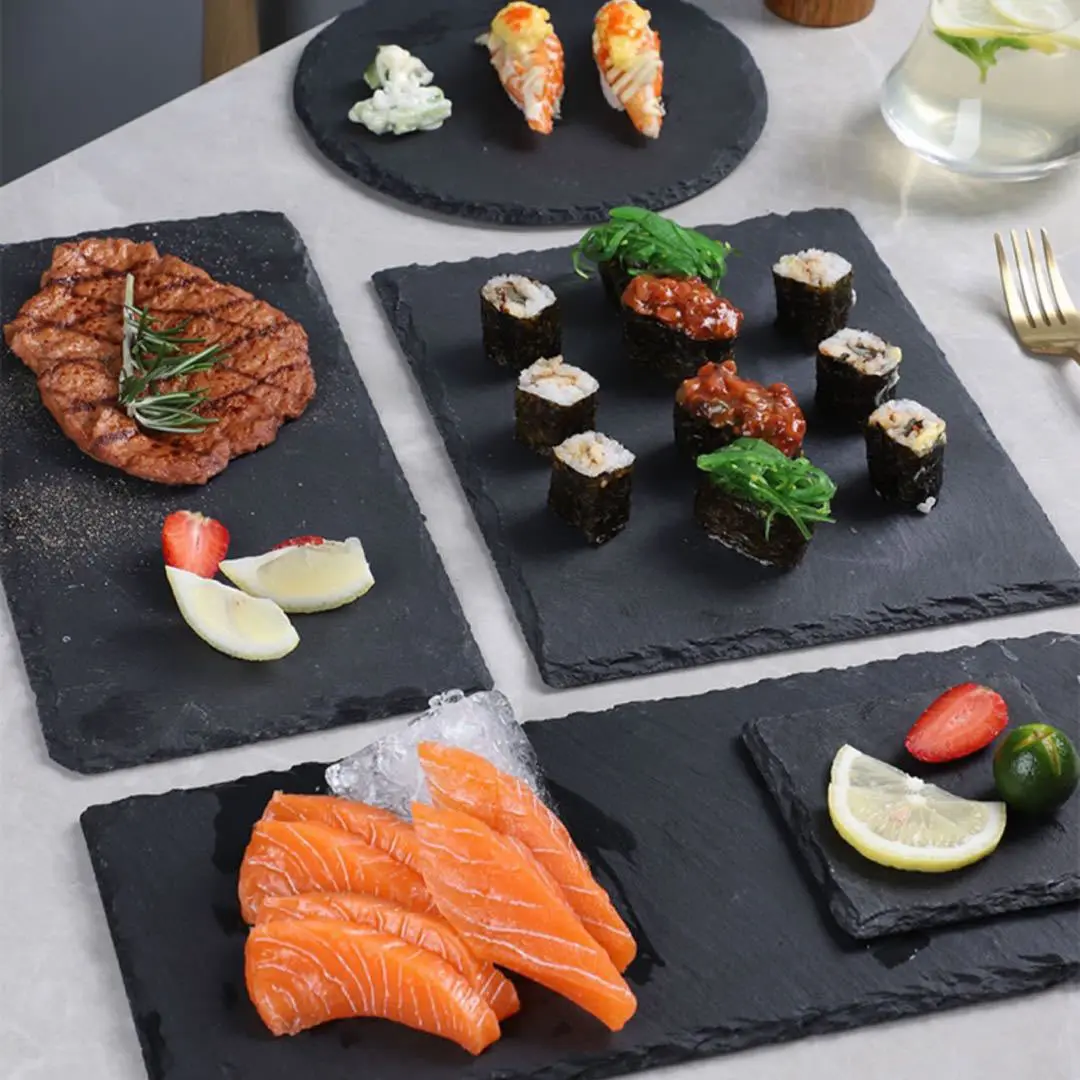 Plato rectangular cuadrado de piedra Natural para servir carne de Sushi, plato de cena, bandeja negra, plato de pizarra para queso