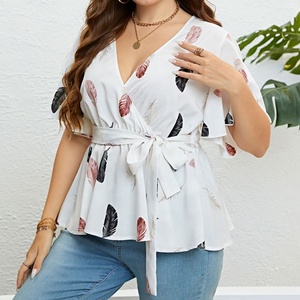 Penjualan laris blus Peplum bersabuk ukuran Plus dasi bungkus leher V cetak bulu lengan pendek musim panas atasan untuk wanita - Product Image 4