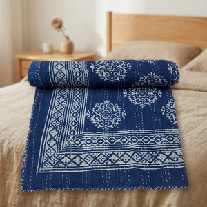 Cubrecama Kantha Vintage con Estampado a Mano Indio, 90x108 Pulgadas, Cubrecama Doble de Algodón Floral con Borde Geométrico - Product Image 6