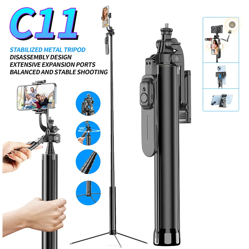 CYKE C11 aluminium Aloi tongkat selfie ultra-panjang 1880mm tripod dengan Bluetooth pegangan berputar cold boot port 1/4 antarmuka sekrup