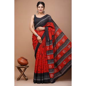 Sari de Algodón Mulmul Estampado con Blusa a Juego, Sari de Algodón Mulmul Ligero y Elegante - Cómodo para Uso Diario - Product Image 3