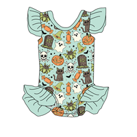 Haute qualité derniers enfants filles barboteuse manches flottantes à volants bébé justaucorps Halloween imprimé tricoté personnalisé été body