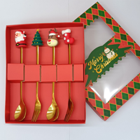 Set Peralatan Makan Natal Sekali Pakai dari Baja Tahan Karat, Sendok Pengaduk Kopi & Garpu Buah Motif Boneka Kreatif Warna Emas, Kotak Hadiah