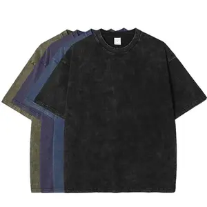 Camisetas masculinas de algodão grosso pesado com baixo MOQ, camisetas vintage personalizadas de grandes dimensões lavadas com ácido
