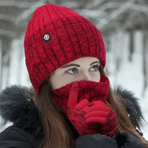 कस्टम शीतकालीन आउटडोर गर्म बुनाई स्कार्फ तीन टुकड़े टोपी तीन टुकड़े धीरे-धीरे विपरीत रंग महिला शीतकालीन टोपी