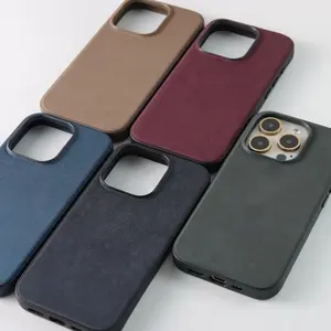 2024 Hot Sell Fine Woven Mobile Phone Case Magnetic Genuine Leather Phone Cover Luxury Twill Premium Cases For IPhone 15 16 Pro