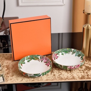 Designer <b>Plates</b> 2-Piece Set Bone China <b>Ceramic</b> Plant Pattern Handpainted 8-Inch Soup & Deep <b>Plate</b> Tropical Rain Forest Tableware - Product Image 1