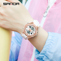 SANDA 6067 Jam Tangan Olahraga Antik Mewah LED Digital dengan Tali Silikon, Casing Aloi, Layar Ganda, Tahan Air, dan Alarm
