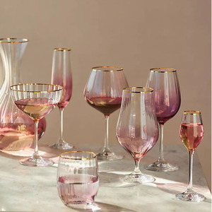 Verre à vin en verre côtelé <span class=keywords><strong>rose</strong></span> avec bordure dorée, grande capacité, verre à pied pour vin rouge - Product Image 3