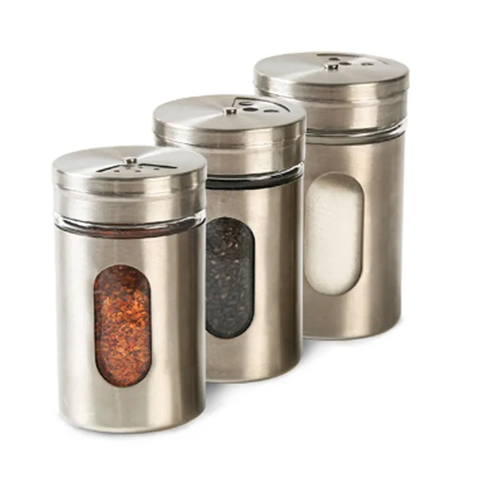 Nhà Máy Bán Buôn Chất Lượng Cao Giá Thấp Thép Không Gỉ Gia Vị Chai Gia Vị Jar Pepper Salt Pepper Jar Shaker Với Rotating Cap
