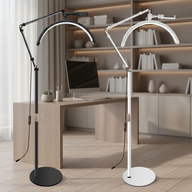 High Quality 16 Inch Floor EyeLash Led Stand Beauty Lamp 360 Degree Rotation Half Moon Ring Light with Phone Holder