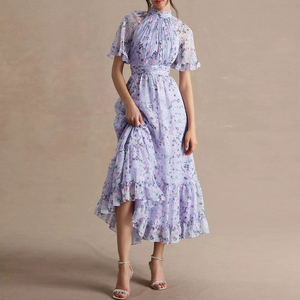 2023 Thiết Kế Mới Phụ Nữ Ăn Mặc Tùy Chỉnh Xù Cao Cổ Raglan-Tay Áo In Voan Dresses - Product Image 2