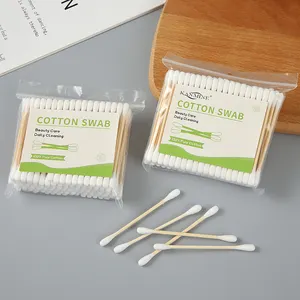 Hot Sale Wholesale Custom Green bag Double Head Cotton Swabs Bamboo Sticks Cotton Ear Buds 100 pieces q tips for Daily Use