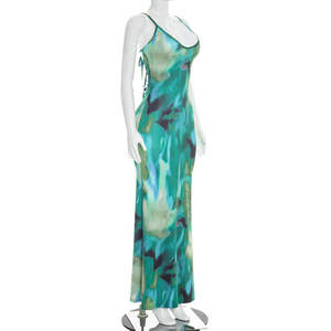 Viviblook D26DS065 Women Summer New Casual Vacation Printed Suspender Backless Slim Fit Maxi Evening Dresses - Product Image 3