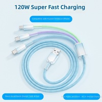 Kabel Data Ponsel 3-in-1 120W 3A Warna Gradasi Anyaman Satu-ke-Tiga Konektor USB-A Tipe-C Panjang 1.2m Kabel Tanpa Pelapis 12 Bulan