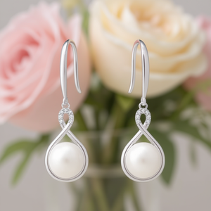 Orecchini Pendenti E3160 in Oro Bianco con Perla d'Acqua Dolce, Montatura a Castone, Gioielli Classici da Sposa per Donna - Product Image 2