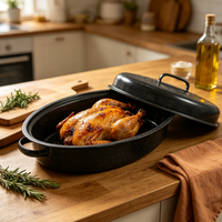 Plat à rôtir ovale en acier au carbone émaillé, compatible induction, pour cuisson de dinde, poulet, poisson, avec couvercle, pour la cuisine