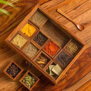 Handcrafted Wooden Masala Box Spice Storage Wooden Spice Box Masala Dabba with Glass Top