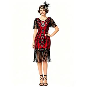 1920s <b>Sequined</b> Tassel Skirt Retro Party Evening Dress Scoop Neck Sheath Embroidered Organza Vintage Style - Product Image 4