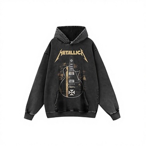 Cross-Border Rock Guitar <b>Printed</b> Winter Hoodie Vintage Washed Heavy Cotton 400g+ Loose Crew Neck Men's Long-Sleeve - Product Image 1
