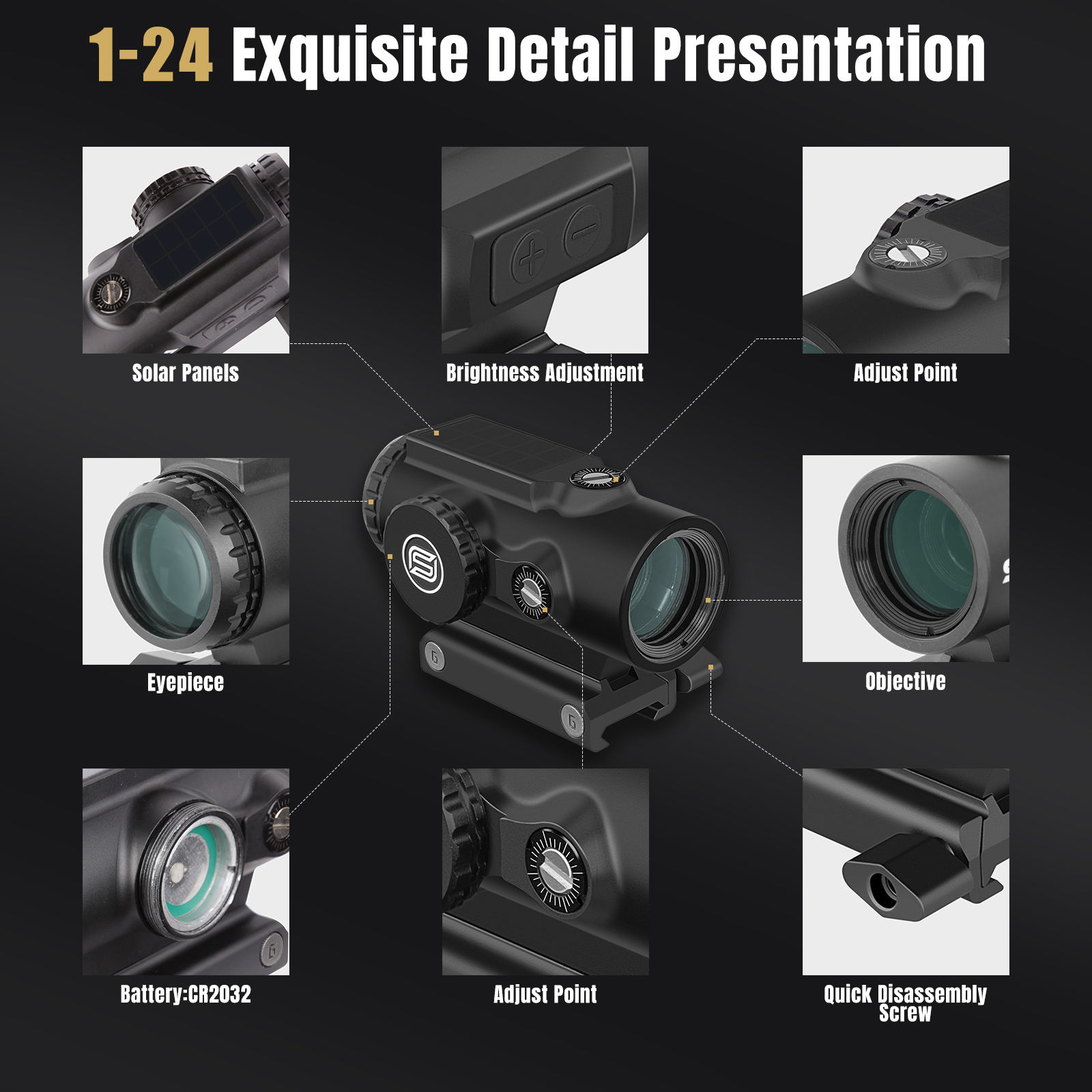 SPINA OPTICS Primary 1x24 Prism Scope - Solar Energy & Waterproof