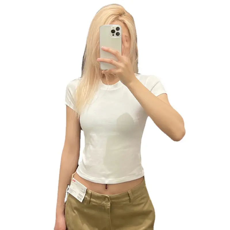 T-shirt de couleur unie personnalisé en coton à manches courtes pour femmes sens du design Slim serré court sexy mode hot girl tops T-shirt D7