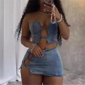 Ensemble <span class=keywords><strong>jupe</strong></span> courte fendue <span class=keywords><strong>et</strong></span> crop top sexy <span class=keywords><strong>en</strong></span> dentelle ajourée pour femme 2025, motif uni, <span class=keywords><strong>en</strong></span> <span class=keywords><strong>jean</strong></span> délavé, taille XL, coupe ajustée, style formel - Product Image 3