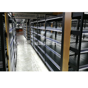 Modern Black Gondola Rack With Integrated Light <strong>Bar</strong> Mesh Back Display <strong>Shelves</strong> - Product Image 3