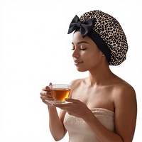 Topi Tidur Satin Motif Macan Tutul Ukuran Besar untuk Wanita, Topi Malam dengan Hiasan Pita Lebar untuk Tidur