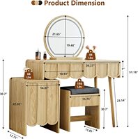 Ensemble de coiffeuse moderne avec miroir LED 3 couleurs, bureau de maquillage en bois clair avec armoire latérale et tabouret rembourré