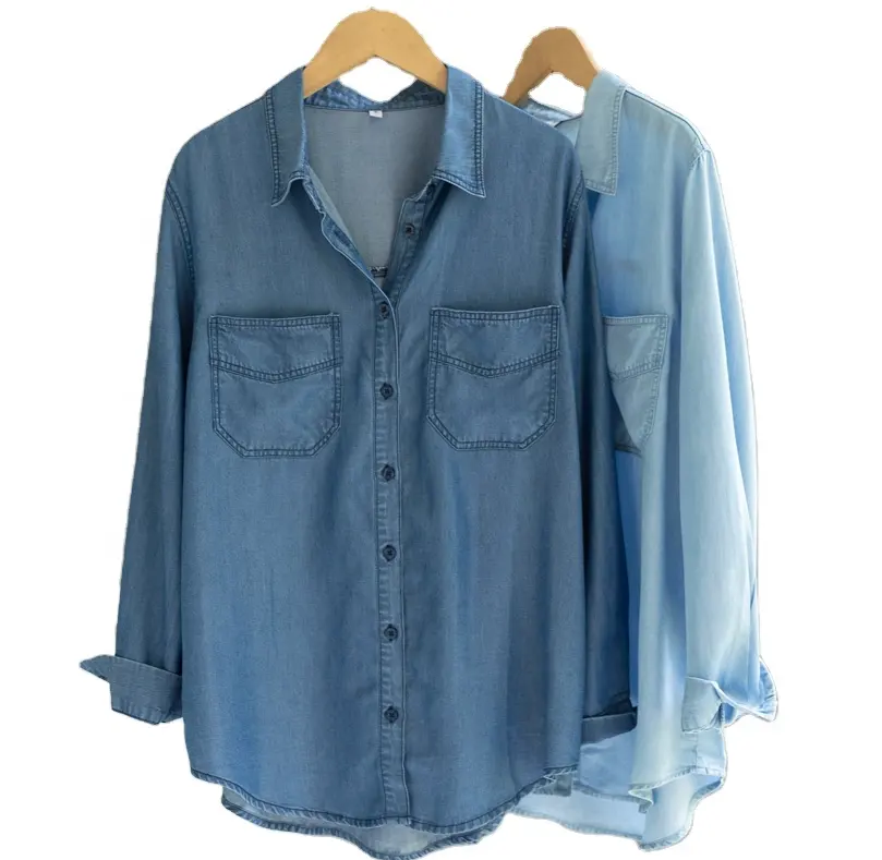 New Wholesale Custom Women's Jean Top Blue Long Sleeve Fashion Denim Blouse Women's Soft Denim Shirt